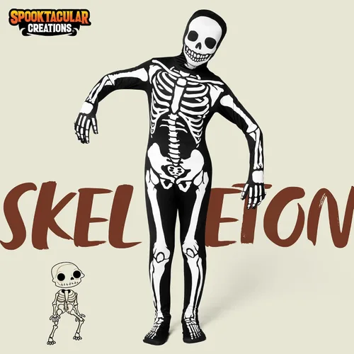 Vista 2 de Spooktacular Creations Disfraz de esqueleto para niños, overol de esqueleto aterrador, fiestas de disfraces de Halloween, fiesta temática del día