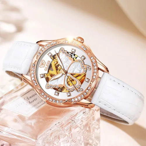 Vista 6 de OLEVS Reloj mecánico automático para mujer, correa de cuero, cuerda automática, reloj de pulsera para mujer, esfera de corazón de diamante