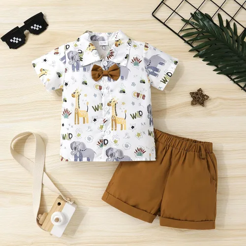 Vista 2 de JEELLIGULAR Conjunto de ropa de verano para bebé niño de manga corta con botones y pantalones cortos, trajes casuales para caballeros de 1 a 6 años