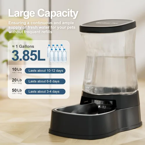 Vista 3 de Dispensador automático de agua por gravedad para perros, tazón dispensador de agua de acero inoxidable de 1 galón para perros y gatos, dispensador