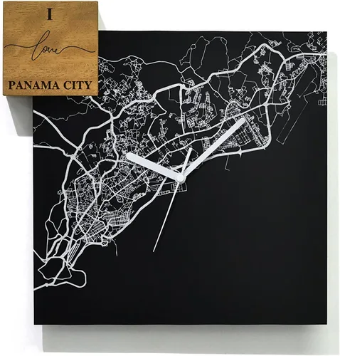 Vista 23 de Modern Wall Clock - Black Aluminum with Silver Fiber Laser Engraving - Square - Contemporary Design - Personalized City Map - Home Town - Location