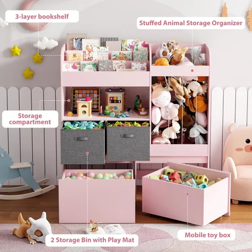 Vista 4 de Almacenamiento de animales de peluche de 42.9 pulgadas con estantería para niños, almacenamiento grande de juguetes con baúl de juguetes y tapete