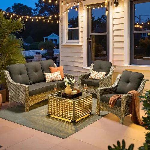 Vista 24 de ovios Muebles de patio al aire libre de 4 piezas con sofá de 3 asientos, juego de cubierta de mimbre de ratán con respaldo alto, sofá individual