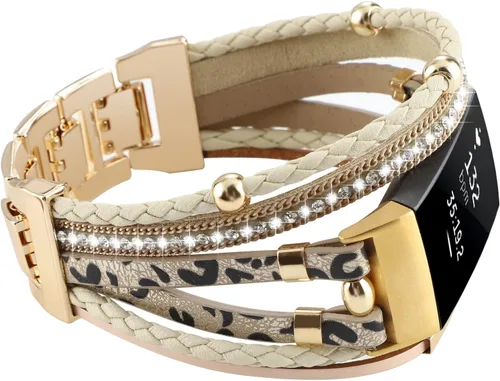 Vista 11 de Elegante correa de cuero compatible con Fitbit Charge 4 Charge 3, pulseras bohemias para mujer, pulseras de joyería multicapa de repuesto para Negro