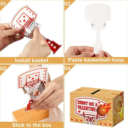 Vista 4 de Geyee Cajas de San Valentín de baloncesto con 4 tarjetas diferentes para intercambio de oficina, fiesta, 1 buzón, 16 tarjetas, 2 touchdown