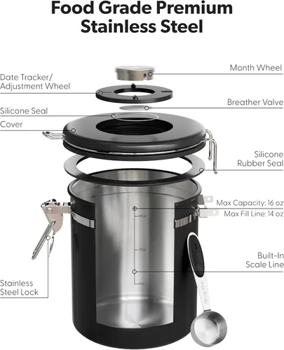Vista 5 de Veken Recipiente de café con ventana, recipiente hermético de almacenamiento de alimentos de cocina de acero inoxidable con tapas, rastreador