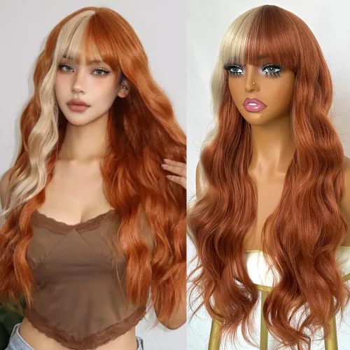 Vista 12 de QD-Tizer Pelucas sintéticas de color rubio ceniza con flequillo, pelucas de cabello largo y lacio, sin pegamento, pelucas sintéticas sin encaje