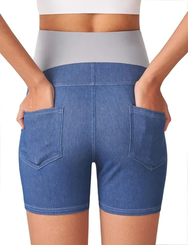 Vista 6 de POSHDIVAH Pantalones cortos de mezclilla de maternidad para mujer sobre el vientre, elásticos, cómodos, suaves, con bolsillos