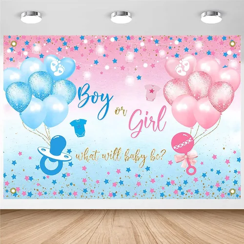 Vista 6 de Avezano Telón de Fondo de Revelación de Género Niño o Niña Cartel Pancarta Estrellas Azules y Rosas Puntos Tema de Globos Decoraciones de Fiesta