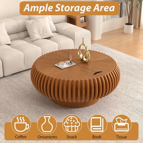 Vista 6 de Mesa auxiliar de tambor con almacenamiento oculto, moderna mesa de centro redonda para sala de estar, mesa central circular con chapa acanalada