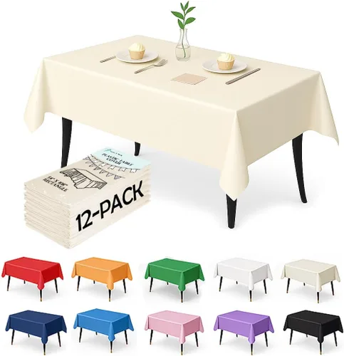 Vista 22 de Paquete de 12 manteles de plástico negro – Cubiertas de mesa desechables de 54 x 108 pulgadas para mesas rectangulares, resistentes y resistentes al