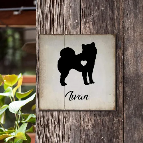 Vista 3 de Placa de madera con nombre personalizado de perro Spitz japonés, silueta de corazón, placa de madera para perros que viven aquí casa de campo, arte