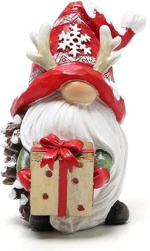Vista 3 de Hodao Figuras de resina de gnomos de Navidad con sombreros rojos y diseño de copo de nieve, bonita estatua coleccionable para decoración de mesa