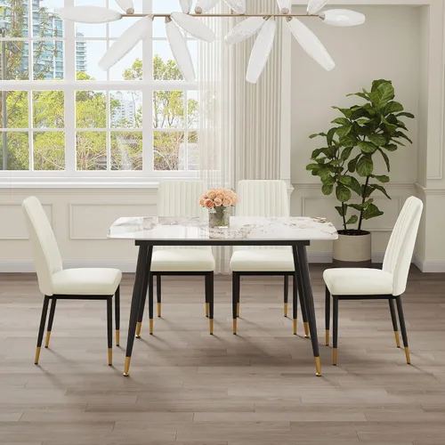 Vista 3 de Juego de 5 mesas de comedor modernas de piedra sinterizada de 50 pulgadas, mesa de cocina rectangular de mármol sintético con 4 sillas de piel