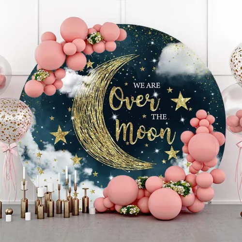Vista 3 de Laeacco Telón de fondo redondo de 3 x 3 pies con texto en inglés «We are Over The Moon» para baby shower, noche estrellada, purpurina dorada, luna