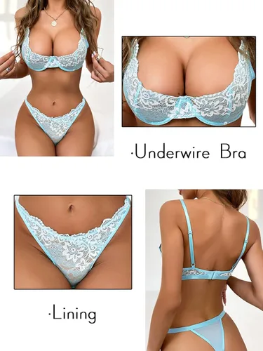 Vista 5 de KaeiShi Conjuntos de brasier sexy y bragas conjunto de lencería bordada de dos piezas con aros