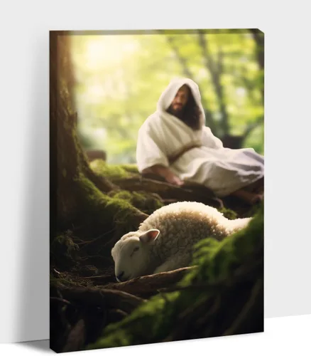 Vista 34 de Arte de pared en lienzo de Jesús y Cordero, Arte de pared en lienzo de Jesús abrazando a un cordero fangoso, Arte de pared cristiano para decoración