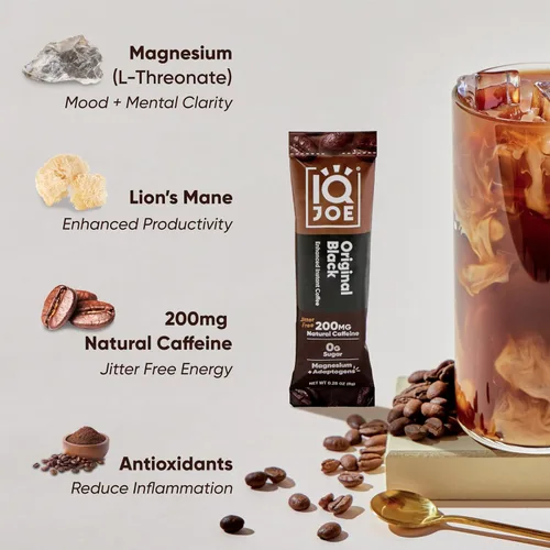 Vista 5 de IQJOE Paquetes de Café de Hongos (40 Porciones) Melena de León, Magnesio Magtein, Antioxidantes, Adaptógenos - Negro Original - Café Instantáneo