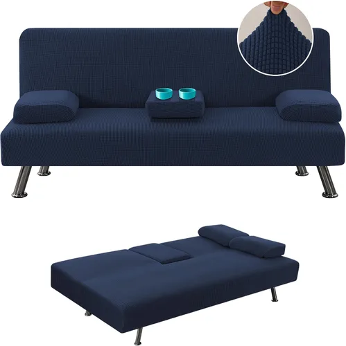 Vista 9 de LiveGo Funda para futón, 4 piezas, elásticas, para futón, sofá cama, con reposabrazos extraíbles y portavasos, protector de muebles, tela jacquard