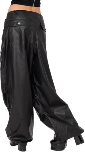 Vista 5 de WOBONIU Pantalones cargo de piel sintética para mujer, cintura baja, color sólido, holgados con bolsillos, ropa urbana Y2k