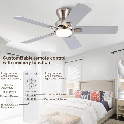 Vista 4 de Ventiladores de techo de níquel cepillado de 42 pulgadas con luces y control remoto, ventilador de techo moderno de bajo perfil para interiores