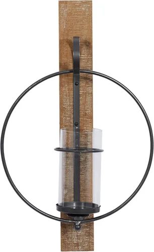 Vista 9 de Deco 79 Aplique de pared de metal suspendido en forma de arco con respaldo de madera marrón y borde de cuentas, 6 x 6 x 16 pulgadas, negro