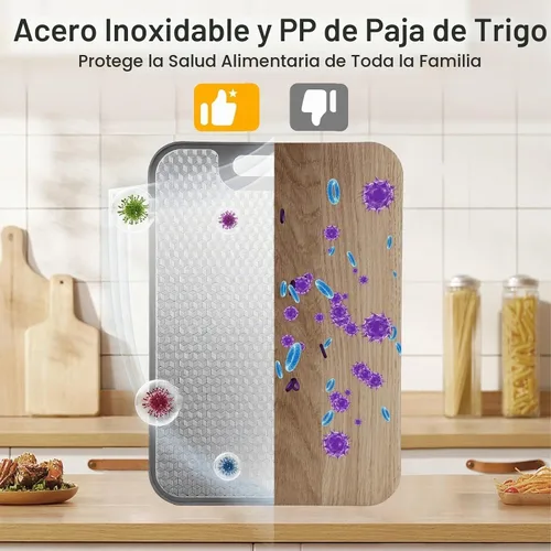 Vista 4 de Tabla de cortar de acero inoxidable, doble cara con paja de trigo PP, diseño de cubo 3D antideslizante, tabla de cortar grande de 15.75 x 11