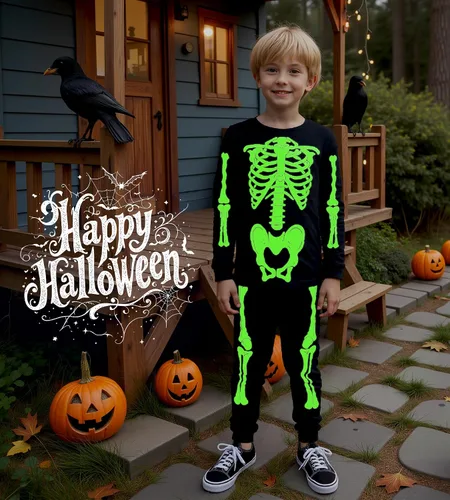 Vista 3 de HONGTEYA Ropa de Halloween para niños y niñas, ropa de esqueleto de algodón para niños pequeños, talla 3-7T