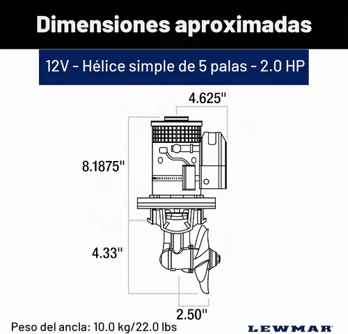 Vista 2 de Lewmar 110TT Kit de hélice de barco de 1.5 W, hélice individual de 5 palas, 1.5kW 2.0 HP motor de 12 voltios con control de joystick, cable de 23.0