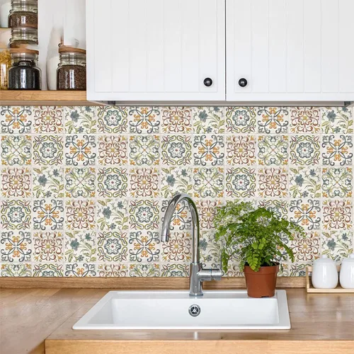 Vista 2 de Wudnaye Papel tapiz bohemio para despegar y pegar, papel de contacto de azulejos de imitación de 17 x 118 pulgadas, patrón de azulejos, extraíble