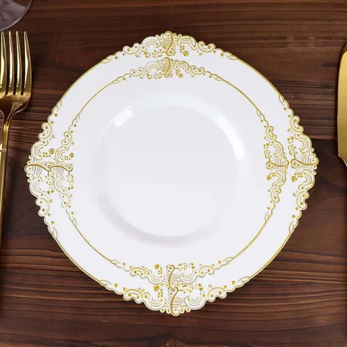 Vista 45 de Efavormart - Paquete de 10 platos de postre barrocos negros y dorados de 8 pulgadas, platos de aperitivo resistentes con borde metálico en relieve