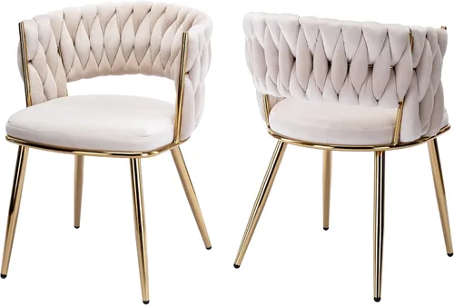 Vista 17 de Juego de 2 sillas de comedor tejidas, modernas sillas de comedor tejidas a mano con patas de metal negro, sillas tapizadas con marco negro