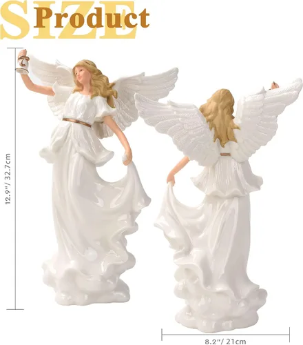 Vista 2 de Art Lins Escultura de ángel rezando con luz LED – Figura de ángel guardián de porcelana fina de 12.9 pulgadas que sostiene una campana, decoración