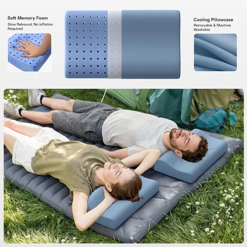 Vista 10 de Almohadas de camping para dormir, almohada de viaje de espuma viscoelástica de 2 alturas, almohada de viaje pequeña para camping, senderismo