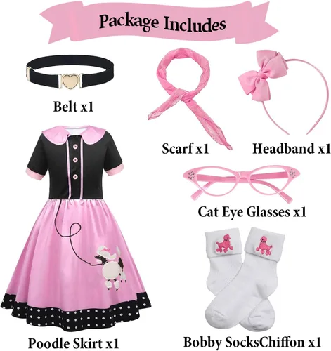 Vista 6 de FAYBOX Falda de caniche de los años 50, conjunto de accesorios para disfraz de Halloween de los años 50 para niñas, hija, faldas de calcetín hop