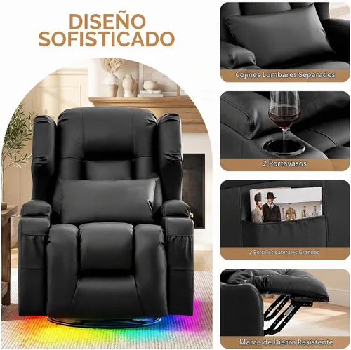 Vista 7 de URRED Silla reclinable giratoria eléctrica con masaje y calor, juego de 1 Negro