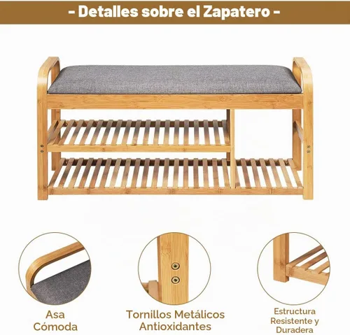 Vista 5 de GIANTEX - Banco de zapatos de bambú, banco de entrada de 3 niveles con cojín, carga máxima de 330 libras, moderno estante de almacenamiento