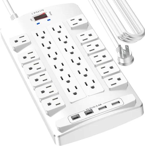 Vista 10 de QINLIANF Protector contra sobretensiones Regleta de enchufes - Cable de extensión de servicio pesado con enchufe plano de 6 pies con 24