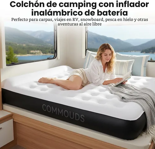 Vista 7 de COMMOUDS Colchón de aire Queen con bomba de aire recargable USB integrada, colchón inflable portátil, cama de aire para exteriores, viajes, hogar e