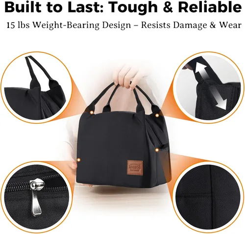 Vista 4 de Aosbos Bolsa de almuerzo negra con aislamiento térmico para mujer, lonchera para adultos, lonchera para mujeres, lonchera de mano, bolsa de almuerzo