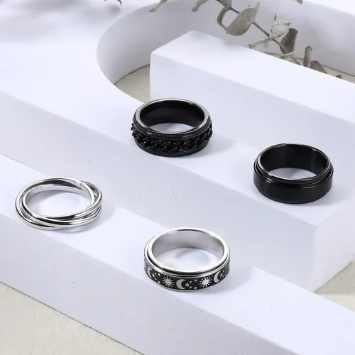 Vista 6 de FUNRUN JEWELRY Juego de 4 anillos giratorios de acero inoxidable para mujeres y hombres, anillos de banda para la ansiedad, luna, estrella, celta