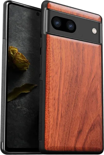 Vista 15 de Carveit Funda de madera para Pixel 7a [madera natural y TPU suave negro] a prueba de golpes, funda protectora de madera única y elegante compatible