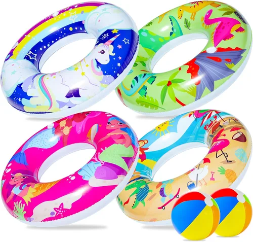 Vista 8 de FindUWill Paquete de 6 flotadores de piscina para niños, anillos de natación para piscina (paquete de 4) – 4 flotadores grandes inflables para playa