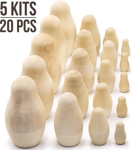 Vista 4 de AEVVV Muñecas de anidación en blanco - 5 juegos de 4 muñecas de madera sin terminar para pintar