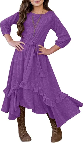 Vista 17 de MITILLY Vestido largo maxi suelto liso de manga 3/4 casual con bolsillos y volantes estilo swing con cinturón para niñas 01 Azul oscuro fultter