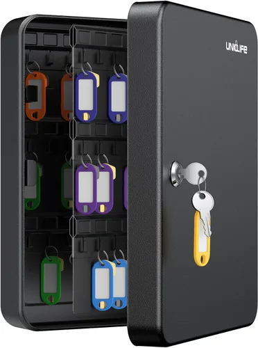 Vista 8 de Uniclife Gabinete de llaves de 20 posiciones con cerradura de llave montada en la pared, caja de almacenamiento de seguridad negra, organizador
