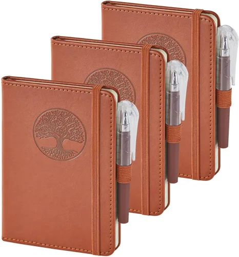 Vista 28 de Paquete de 3 cuadernos rayados con bolígrafo, cuadernos A5 (5.7 x 8.4 pulgadas) de tapa dura de cuero para mujeres y hombres, trabajo, 160 páginas
