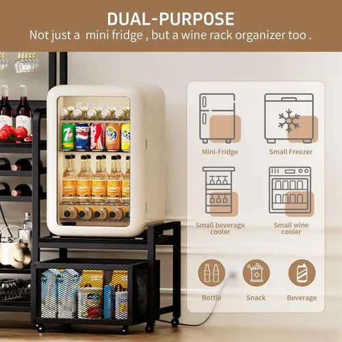 Vista 4 de Mini soporte para refrigerador con toma de corriente, soporte para microondas con estante para vino, barra de café con cestas de almacenamiento