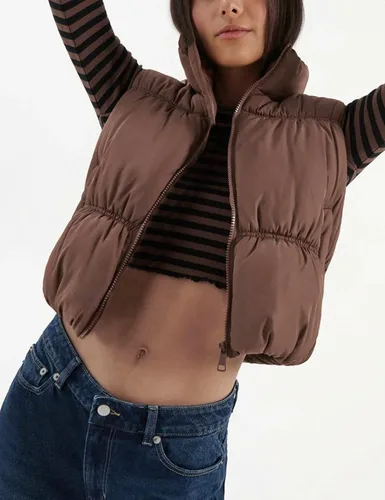 Vista 2 de Lentta Chaleco acolchado corto para mujer, con cremallera, cuello alto, ligero, acolchado