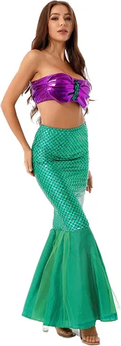 Vista 6 de Hularka Disfraz de sirena para mujer camiseta corta acolchada sin tirantes con falda estampada de escamas de pescado
